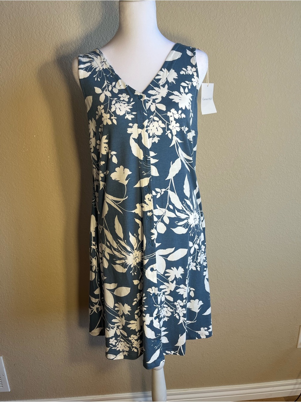 Garnet Hill Slate Blue Floral V-Neck Dress